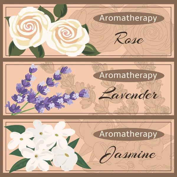 Aromatherapie instellen collectie Roos, lavendel, jasmijn — Stockvector