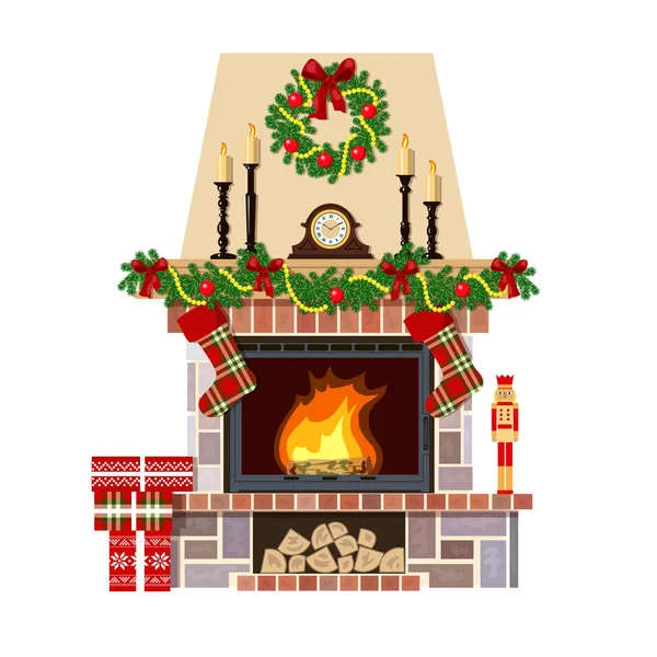 Chimenea de Navidad. Habitación decorada de Navidad — Vector de stock