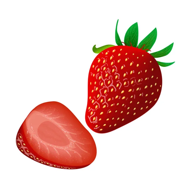 Mogna saftiga jordgubbar isolerade på vitt. Hela och skiva — Stock vektor