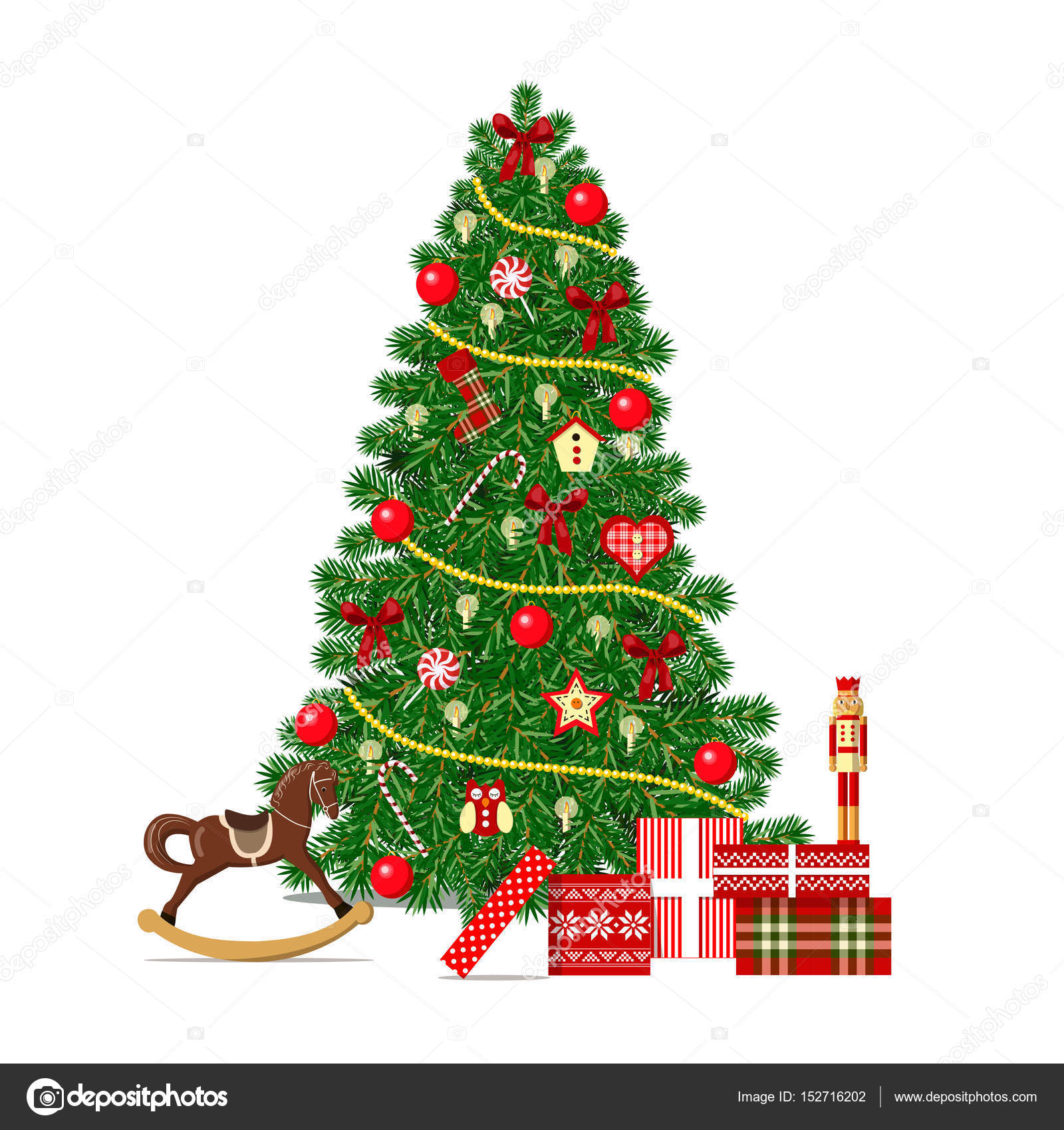 Bello decorato albero di Natale isolato o celebrazione di buon Natale Ghirlande regali giocattoli palloni Per le cartoline auguri stampe