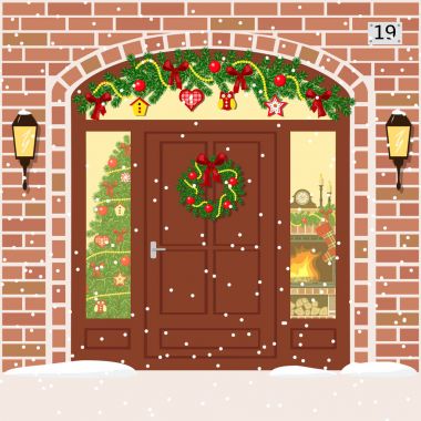 Noel Sidelight pencere, çelenk ve çelenk kapı dekore edilmiştir.