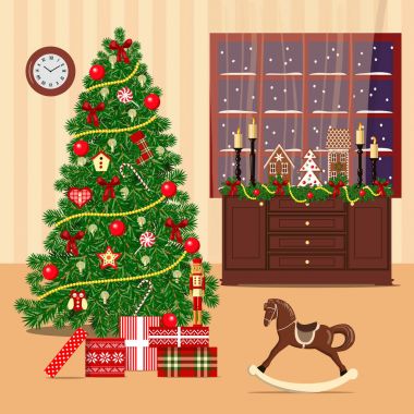 Xmas ağacı, pencere, oyuncaklar Noel dekore edilmiş Oda