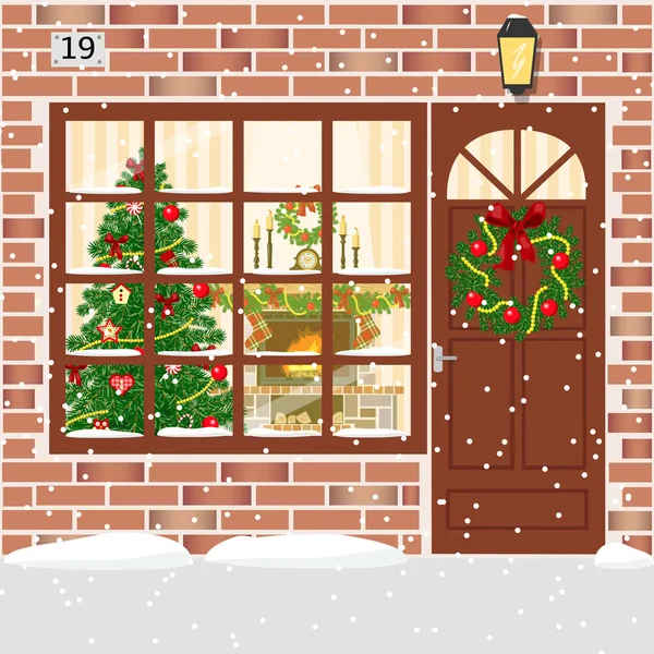 Різдвяні прикрашені двері, вхід в будинок з вінком — стоковий вектор