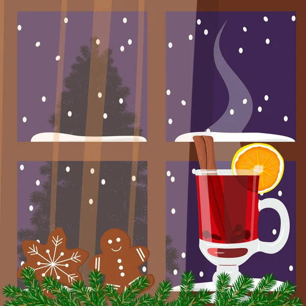 Christmas decorated window with mulled wine — Stock Vector