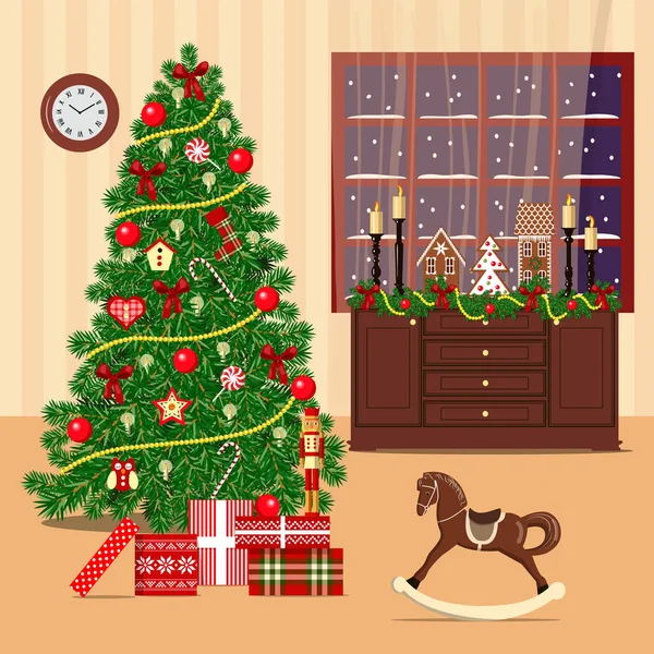 Quarto decorado de Natal com árvore de xmas, janela, brinquedos —  Vetores de Stock