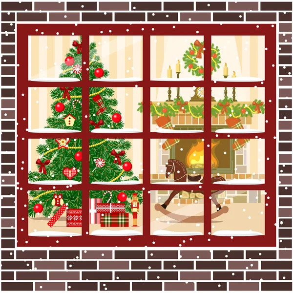 圣诞房间有壁炉，家具圣诞树 — 图库矢量图片