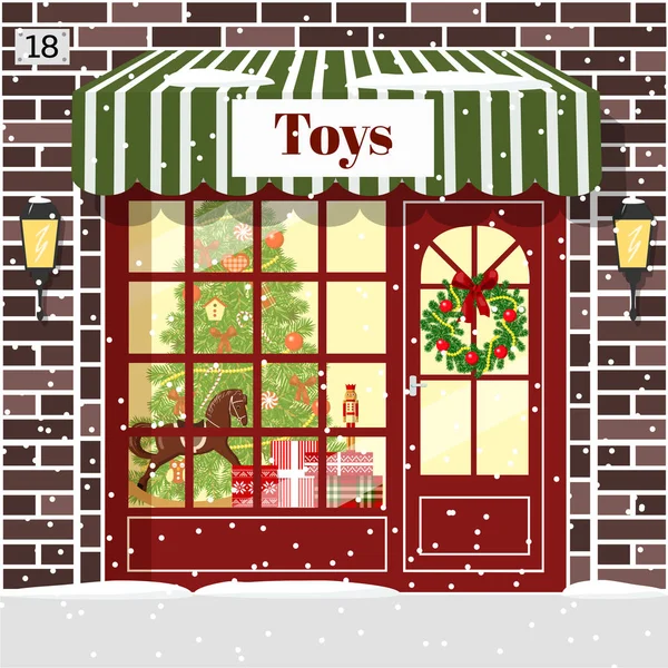 Tienda de juguetes de Navidad tienda de juguetes edificio fachada — Vector de stock