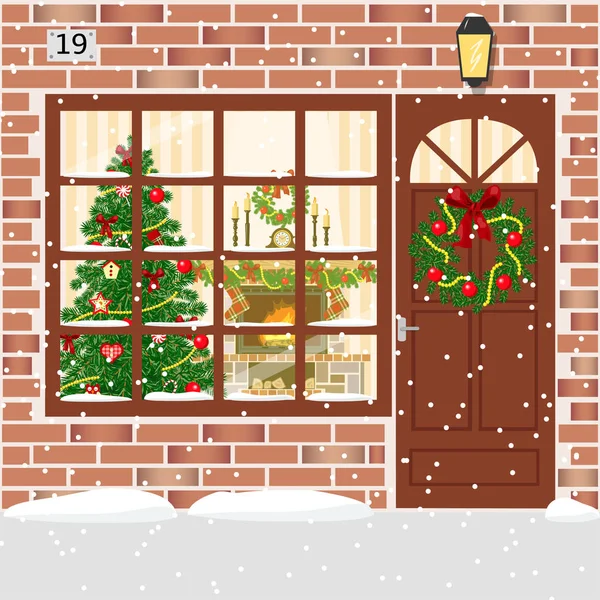 Christmas decorated door, house entrance with wreath Vector Graphics