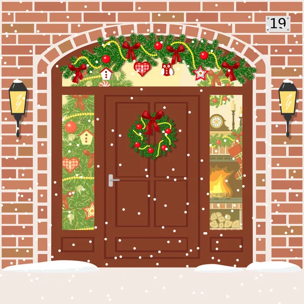 Christmas decorated door with Sidelight Window, wreath and garland Stock Vector