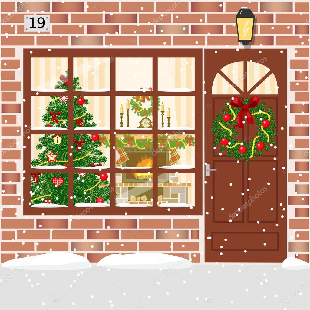 Christmas decorated door, house entrance with wreath