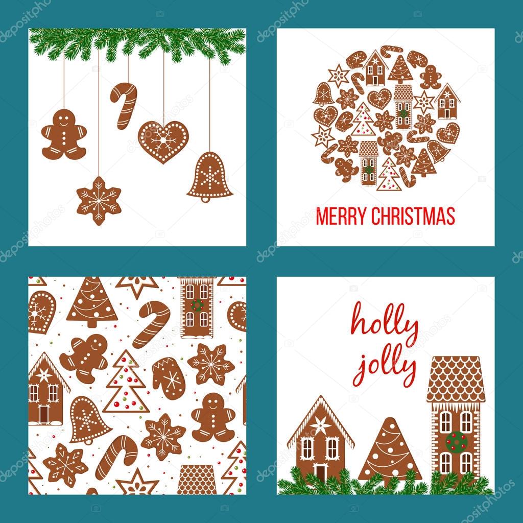 Christmas set. Xmas theme in boarded squares with gingerbread