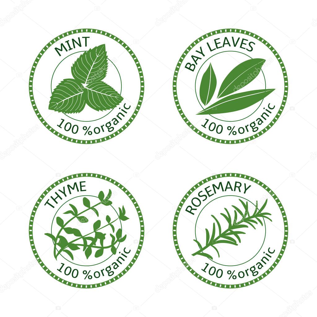 Set of herbs labels. 100 organic. Vector