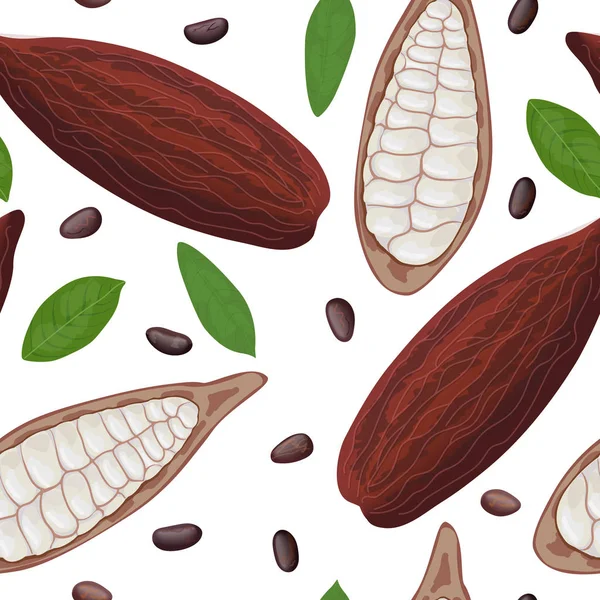 Färska mogna Kakao frukten sömlösa mönster vektor. Cacao pod bladen och bönor. Choklad färg — Stock vektor