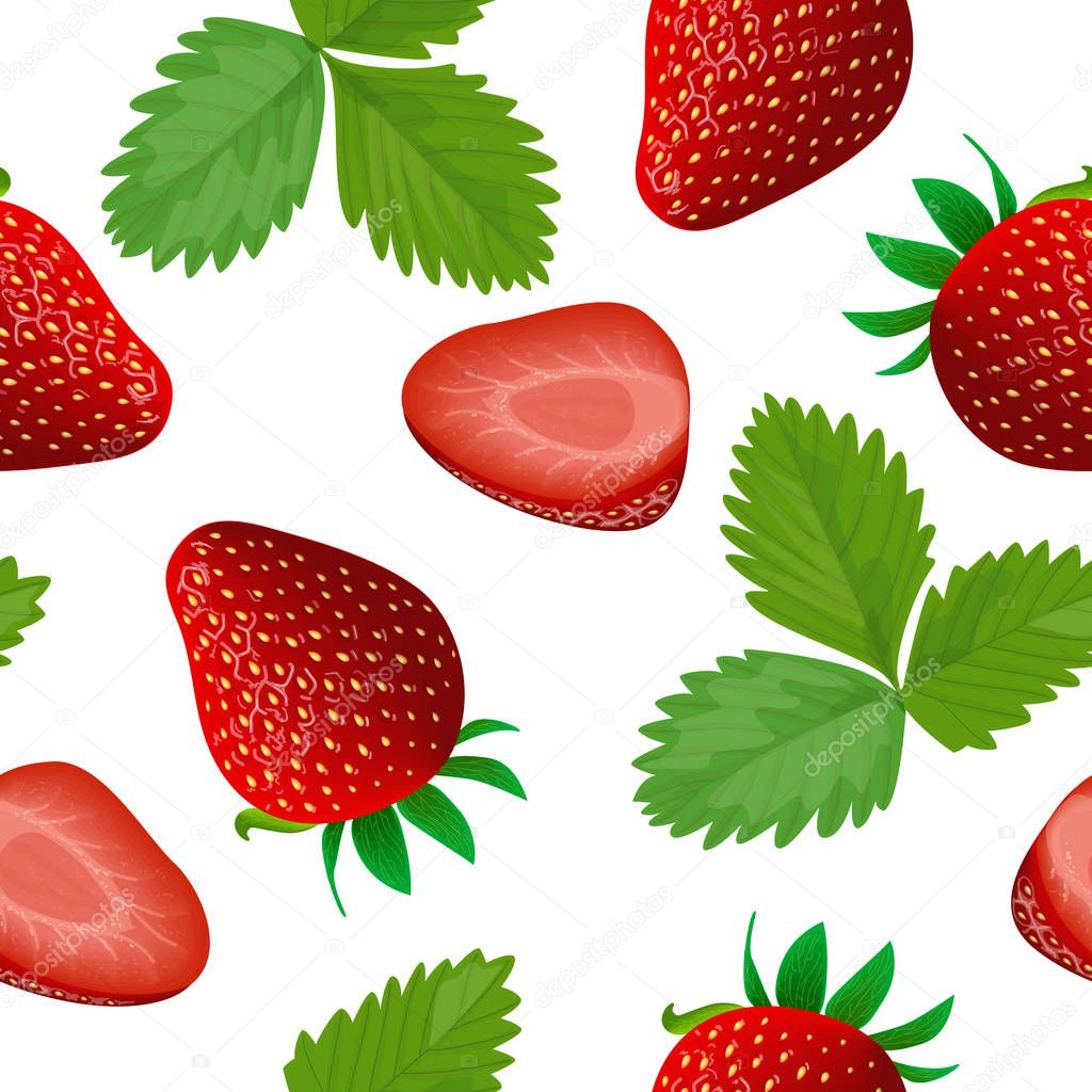 Ripe juicy Strawberry with leaf isolated seamless pattern vector . Whole and slice