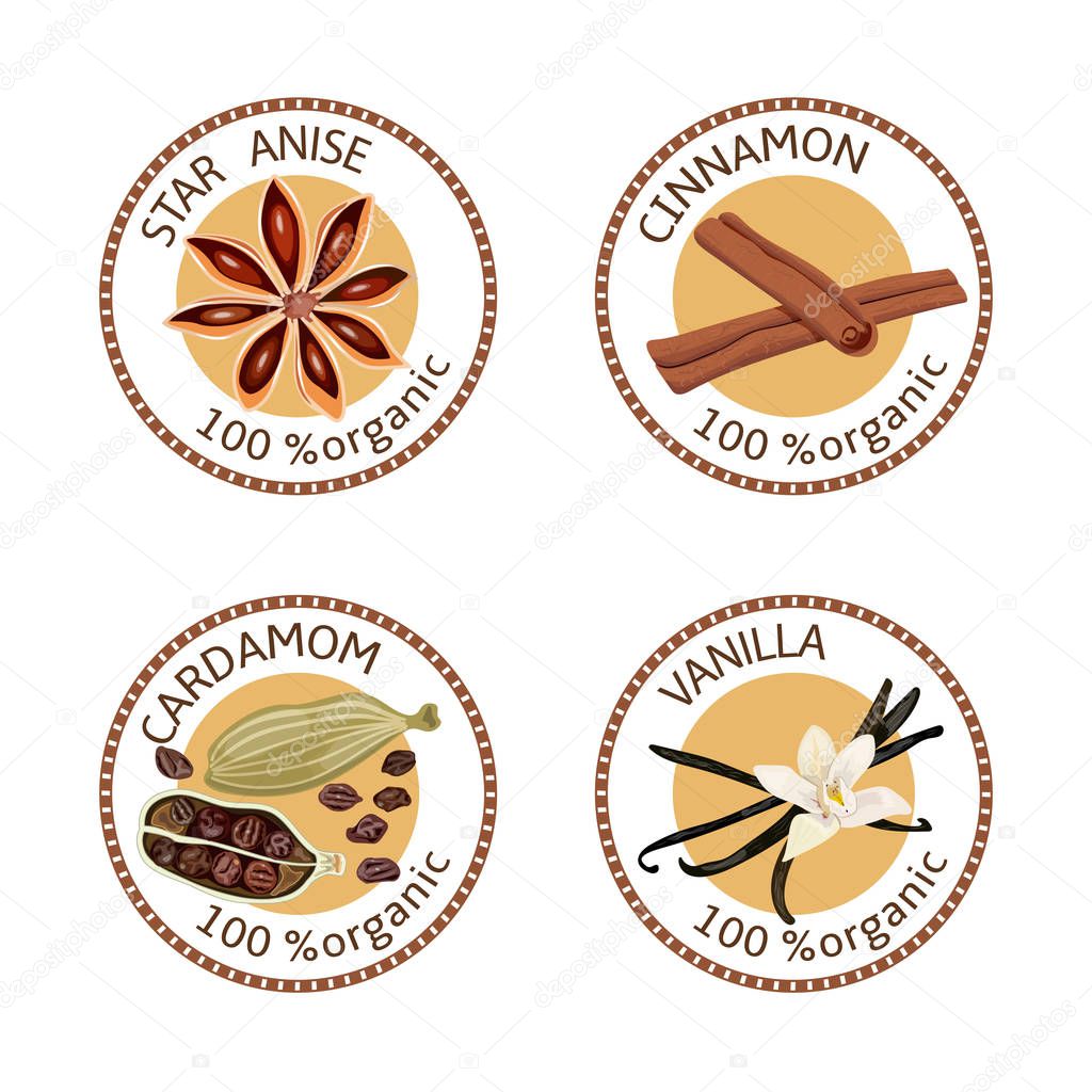 Set of spices labels. 100 organic. collection