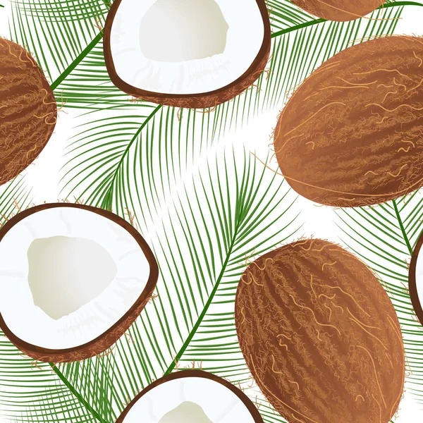 Zralá šťavnatá kokos s listy izolované na bílém. vzor bezešvé vektorové celek a polovinu — Stockový vektor