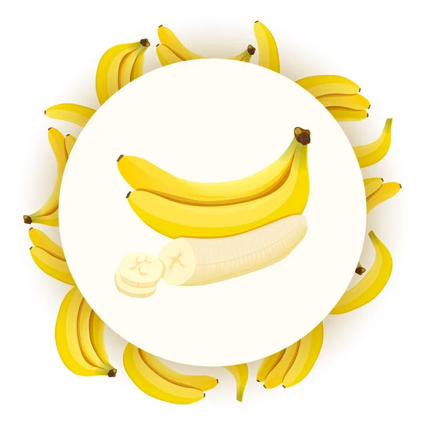 Emblema redondo com bananas frescas maduras isoladas em fundo branco . — Vetor de Stock