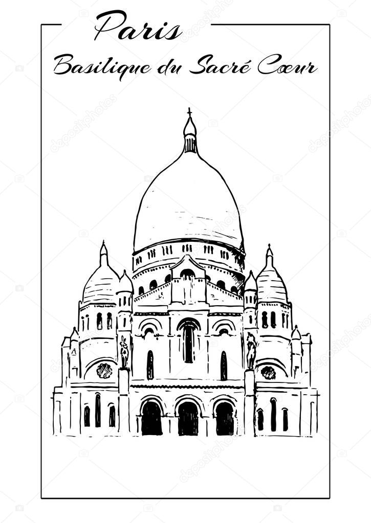 Basilica of Sacre Coeur in Montmartre, Paris. Illustration in draw, sketch style