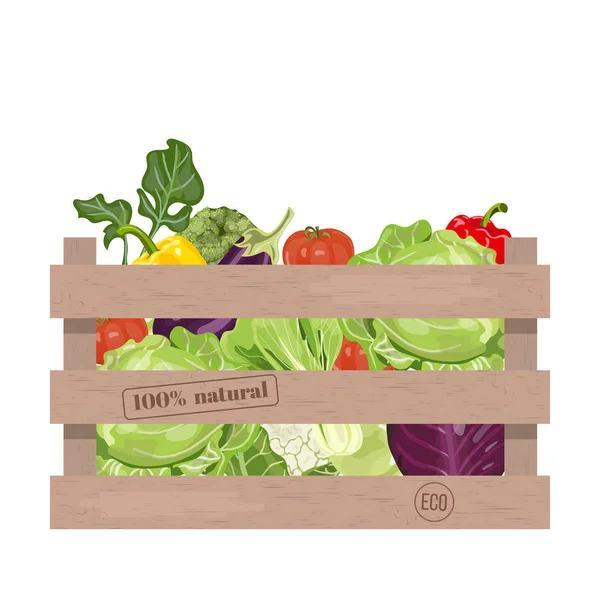 Colheita de vegetais de um mercado de agricultores em uma caixa de madeira rústica —  Vetores de Stock