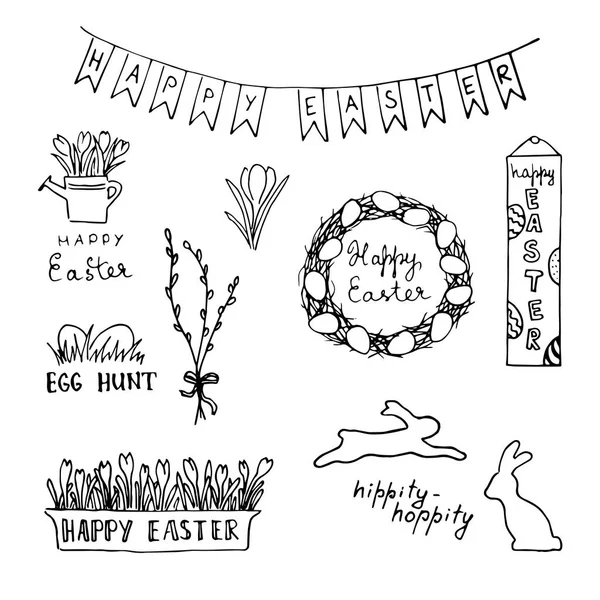 Cartão de Páscoa feliz com ovos, coelhos, flores, letras, grinalda . —  Vetores de Stock