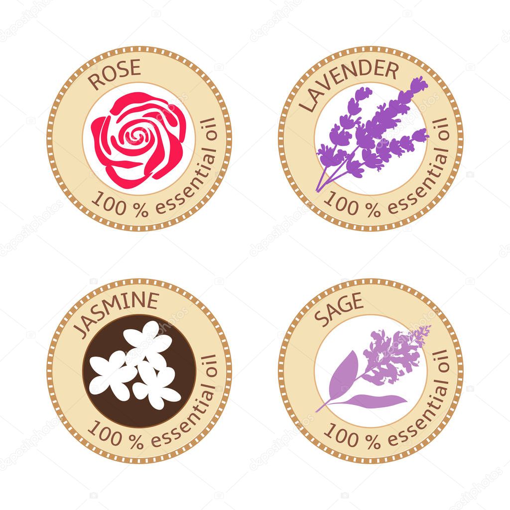 Set of flat essential oil labels. Rose, lavender, jasmine, sage. Logo collection. Vector illustration. Brown stamps, bright silhouettes. For stickers, price tags advertising banners posters poster