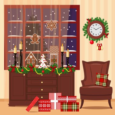 Noel Oda koltuk, pencere, oyuncaklar, hediyeler ile dekore edilmiştir.