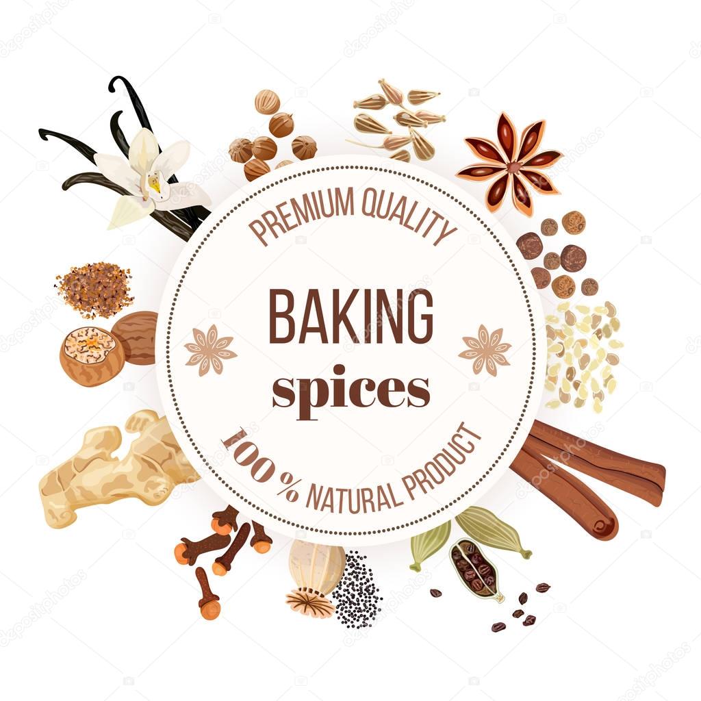 Backing spices big set with round emblem. Bunch of cooking seasonings. For culinary, cosmetics, bakery, bake shop, bakehouse, natural health care products. Can be used as logo design, price tag, label