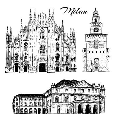 Milan gezi ayarlayın. Duomo di Milano, Teatro alla Scala, Sforza Kalesi. İtalya. Vektör el çizilmiş kroki