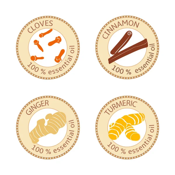 Set de etiquetas planas de aceite esencial. 100 por ciento. Clavos, canela, jengibre, cúrcuma — Vector de stock