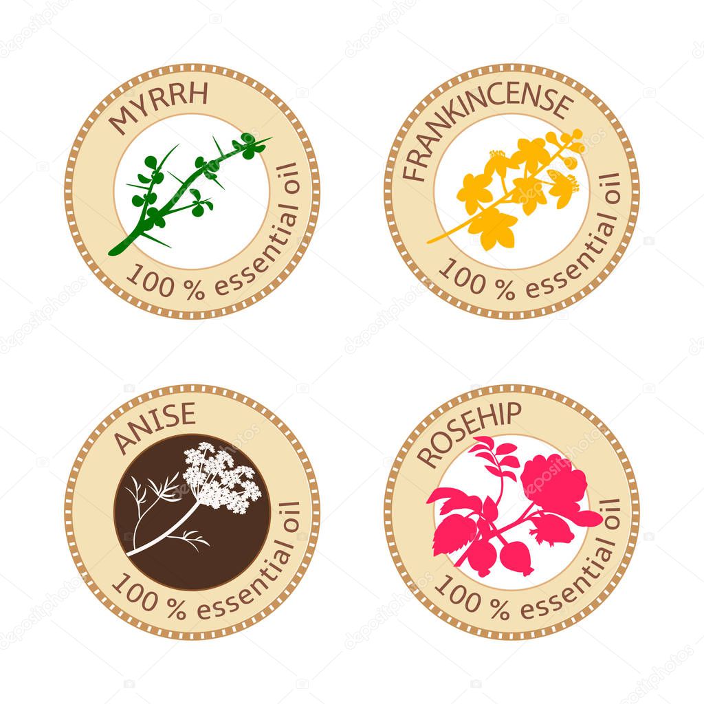 Set of flat essential oil labels. Myrrh, anise, rosehip, frankincense. Logo collection. Vector illustration. Brown stamps, bright silhouettes. For stickers, price tags advertising banners poster
