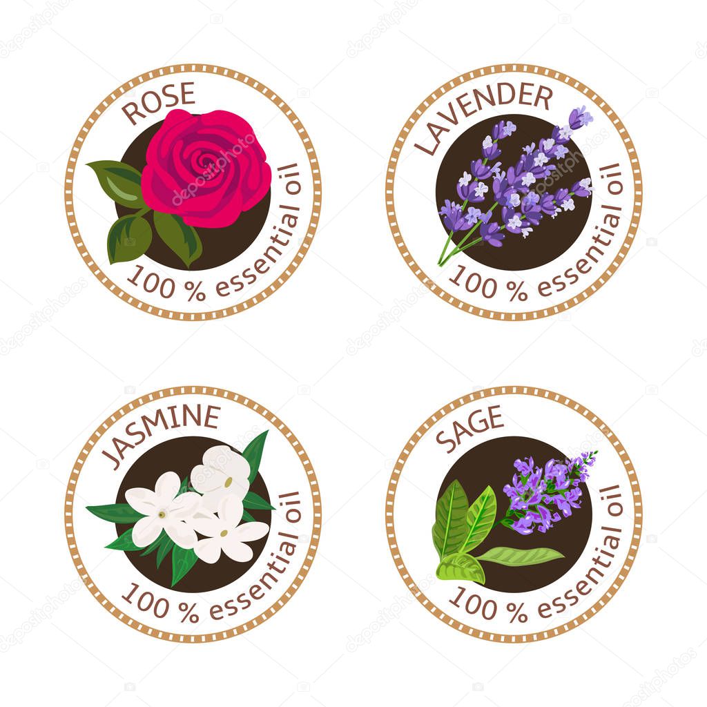 Set of 100 essential oils labels. Rose, Sage, Lavender, jasmine symbols. Logo collection. Vector illustration. Brown stamps, realistic. For cosmetics, spa health care aromatherapy cosmetics banner