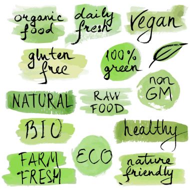 Fırça kalem elle çizilmiş yazı Eko logolar, etiketleri, rozetleri