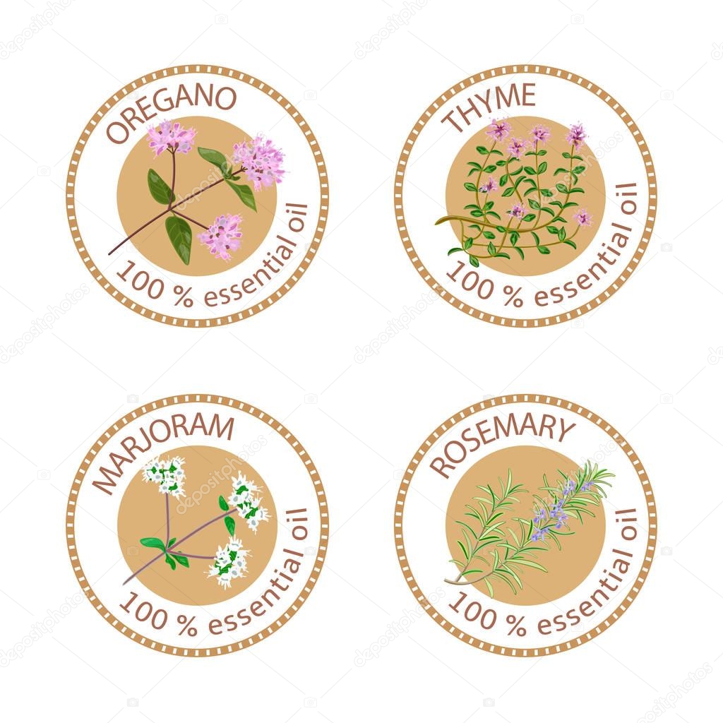 Set of 100 essential oils labels. Oregano, Thyme, marjoram, rosemary symbols. Logo collection. Vector illustration. Brown stamps, flat style. For stickers, price tags labels advertising banners
