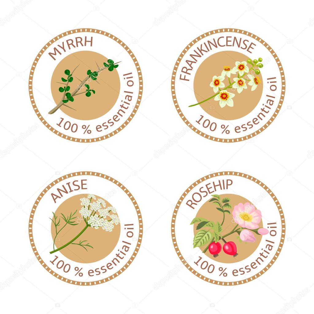 Set of 100 essential oils labels. Myrrh, frankincense, anise, rosehip symbols. Logo collection. Vector illustration. Brown stamps, flat style. For stickers, price tags labels advertising banners