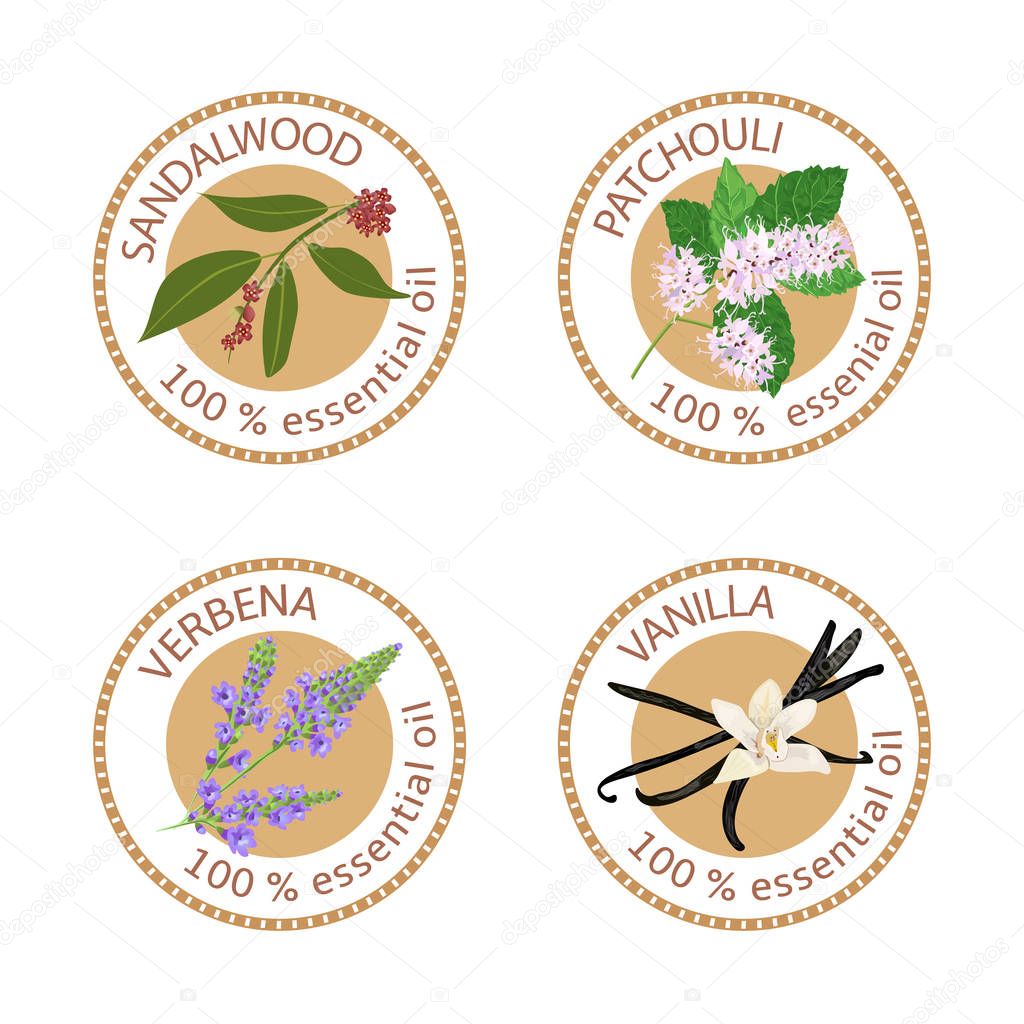 Set of essential oils labels. Sandalwood, patchouli, verbena, vanilla