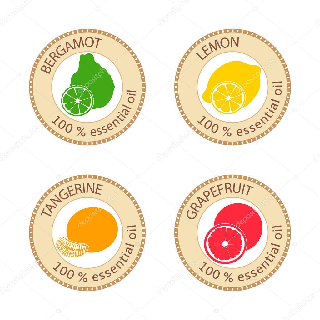 Set of flat essential oil labels. Bergamot, lemon, grapefruit, mandarin. Logo collection. Vector illustration. Brown stamps, bright silhouettes. For stickers, tags, aromatherapy, cosmetics, perfumery