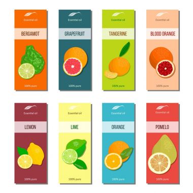 Esans etiketleri koleksiyonu. Bergamot esansı, limon, greyfurt, limon, mandalina, pomelo, turuncu, kan portakal