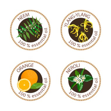 Uçucu yağlar etiket kümesi. Ylang-ylang, neem, portakal çiçeği esansı, turuncu