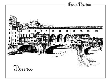Ponte Vecchio Köprüsü Floransa, İtalya. Vektör el çizilmiş kroki