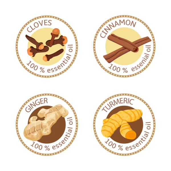 Set di etichette per oli essenziali. Chiodi di garofano, cannella, zenzero, curcuma — Vettoriale Stock