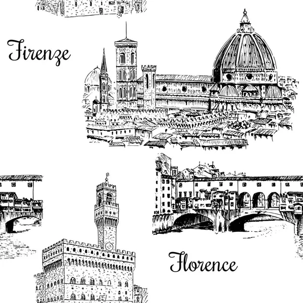 Conjunto de símbolos Florença conjunto vetor padrão sem costura. Duomo Santa maria del fiore, Palazzo Vecchio, Ponte Vecchio — Vetor de Stock