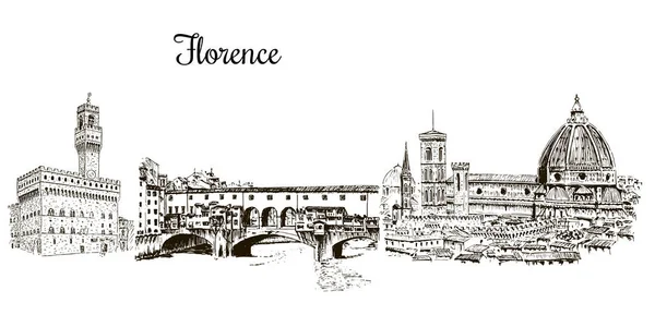 Set van Florence symbolen silhuettes. CityLine. Duomo Santa maria del fiore, Palazzo Vecchio, de brug Ponte Vecchio — Stockvector