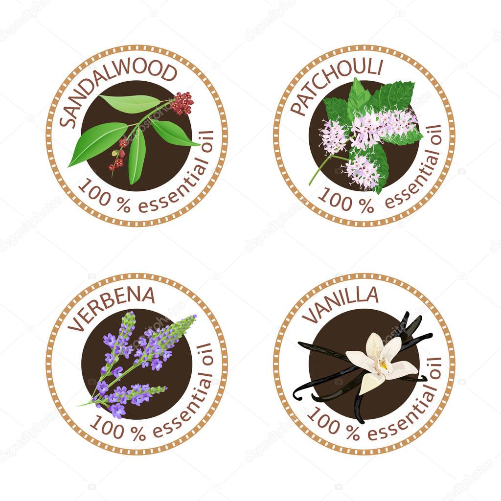 Set of 100 essential oils labels. Sandalwood, patchouli, verbena, vanilla symbols. Logo collection. Vector illustration. Brown stamps, realistic. For cosmetics health care aromatherapy cosmetics