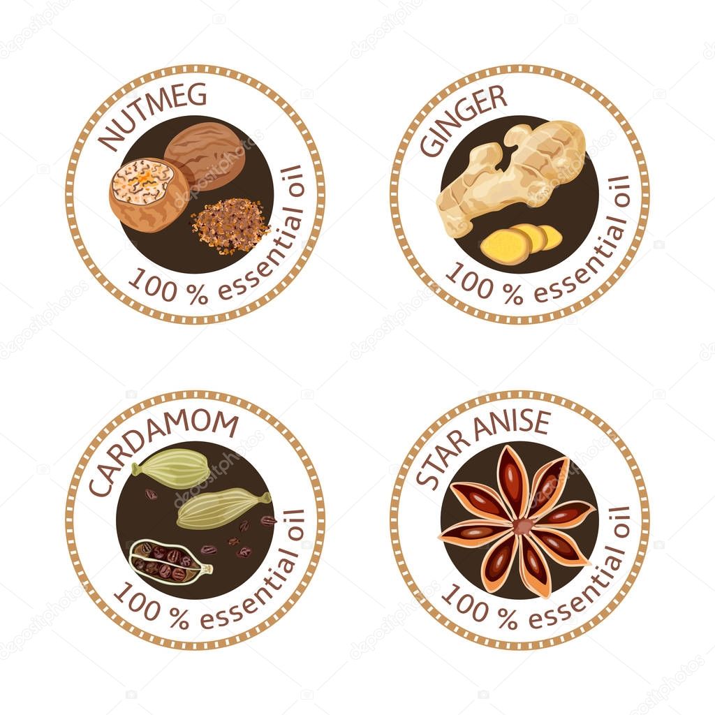 Set of essential oils labels. Nutmeg, ginger, cardamom, star anise