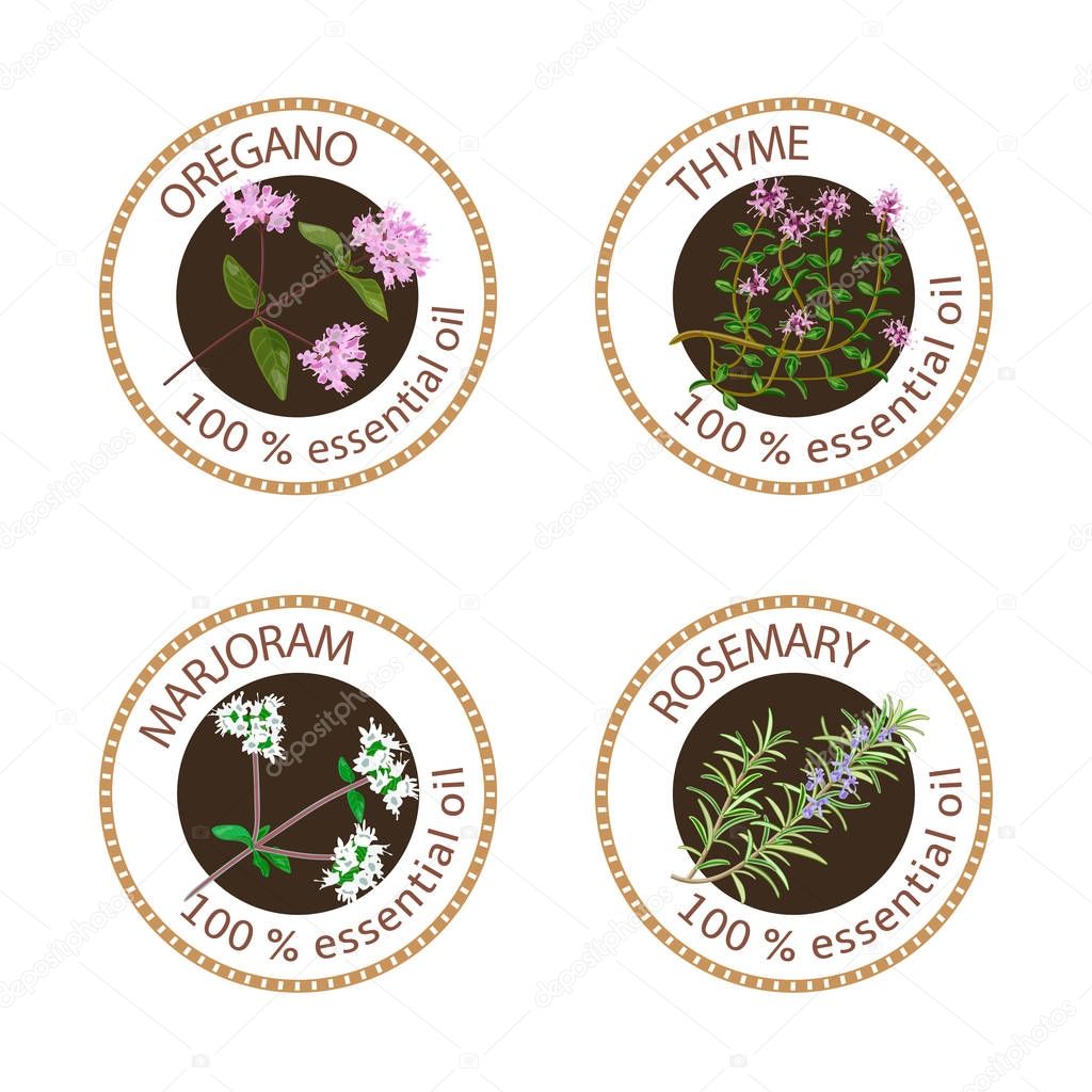 Set of 100 essential oils labels. Oregano, Thyme, marjoram, rosemary symbols. Logo collection. Vector illustration. Brown stamps, realistic. For cosmetics spa health care aromatherapy cosmetics