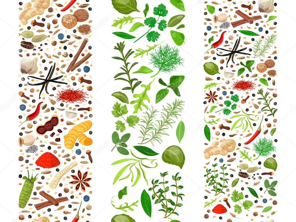 Culinary herbs and spices organised in three ribbons