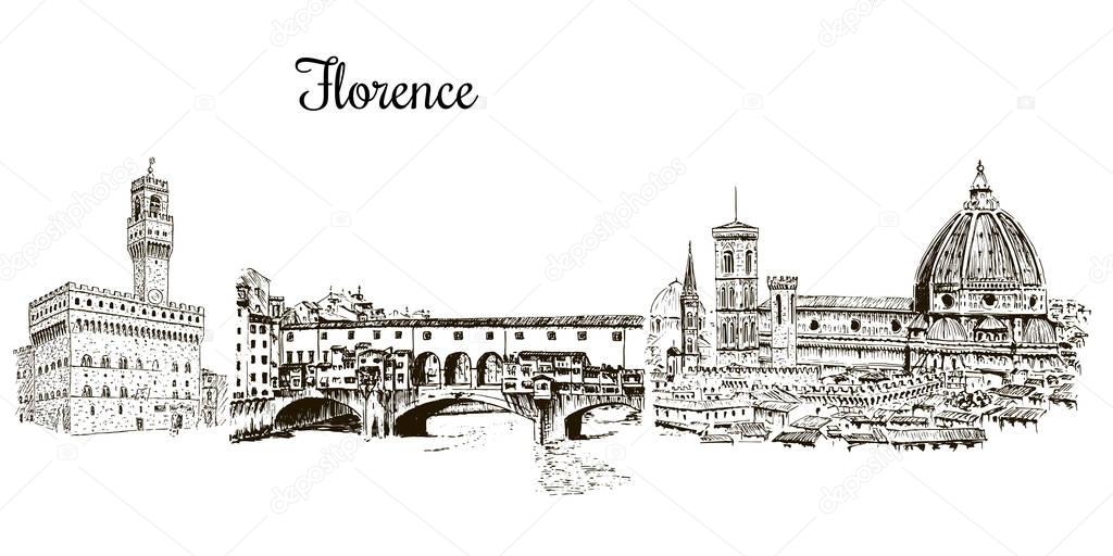 Set of Florence symbols silhuettes. Cityline. Duomo Santa maria del fiore, Palazzo Vecchio, Ponte Vecchio bridge