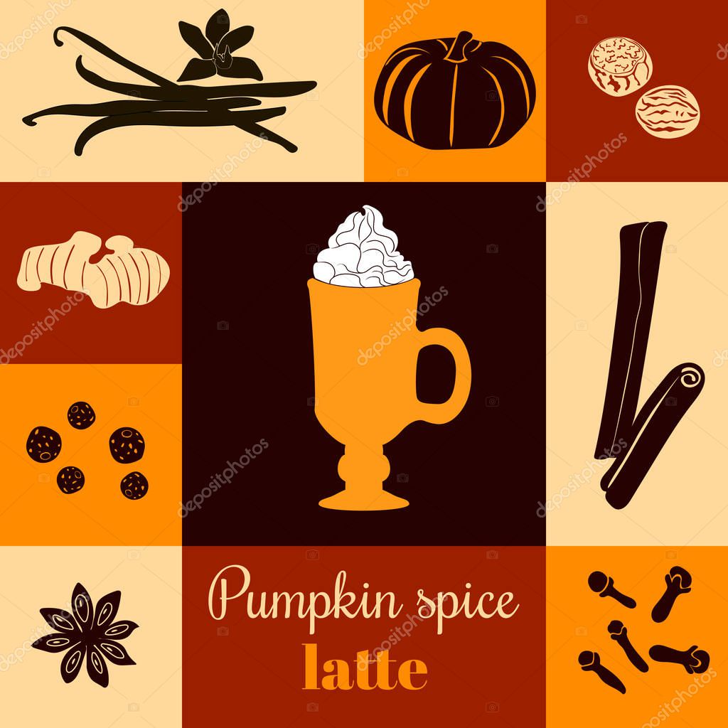 Pumpkin spice latte. Vector illustration with pumpkins, nutmeg, ginger, cloves, cinnamon, allspice, star anise, coffee cap, whipped cream on ginger background. Black silhouettes. For menu tag label