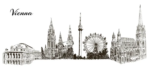 Ensemble de silhuettes de symboles de Vienne. Cityline. Donauturm, Stephansdom, Rathaus, Prater, Opéra national de Vienne . — Image vectorielle