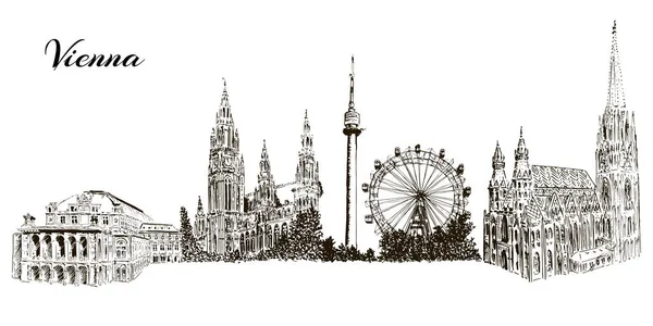 Viyana sembolleri silhuettes kümesi. CityLine. Donauturm, Stephansdom, Rathaus, Prater, Viyana Devlet Opera Binası.